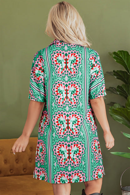Mint Green Geometric Butterfly Print Split Neck Short Sleeve Dress