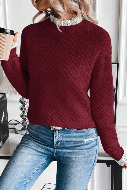 Burgundy Contrast Lace Frilled Trim Raglan Sleeve Sweater