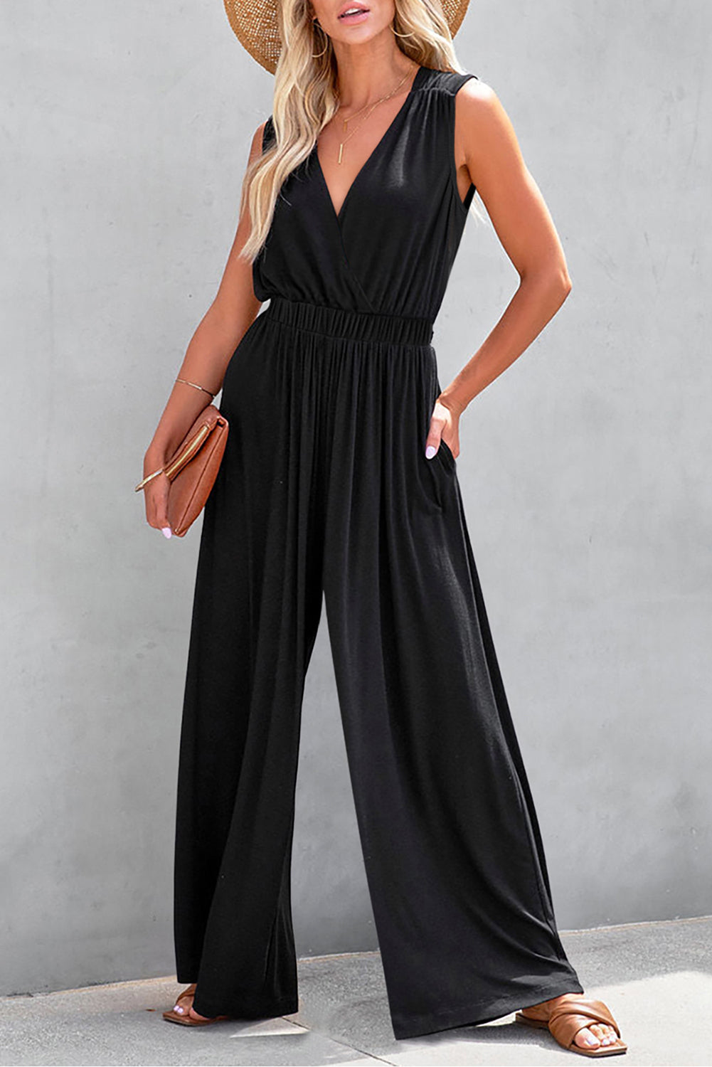 Blackish Green Deep V Pleated Crisscross Wide Leg Backless Jumpsuit