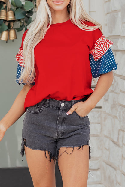 Beau Blue Stars Stripes Short Puff Sleeve Top