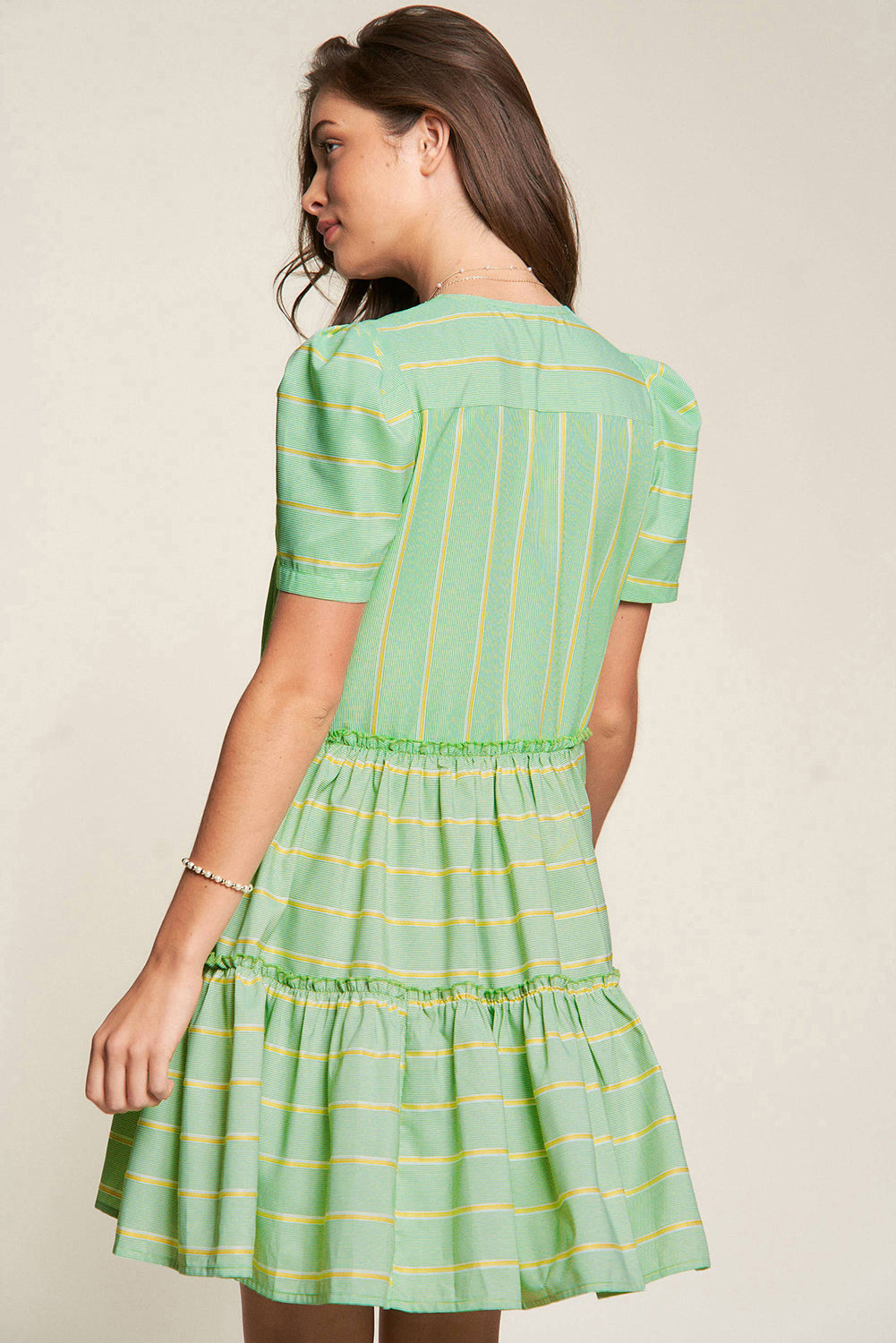 Green Stripe V Neck Short Sleeve Frilled Detail A-line Dress