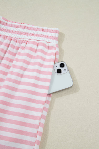 Rose Stripe Drop Shoulder Round Neck Top and Buttoned Straight Pants Two Piece Set