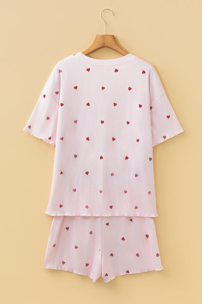Light Pink Valentine Heart Shape Print Ribbed Knit Short Lounge Set