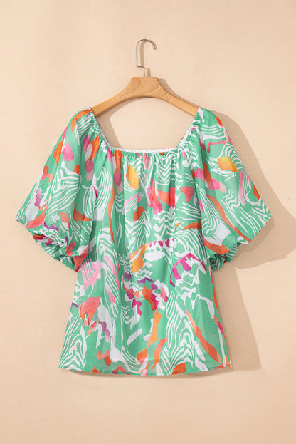 Green Tropical Boho Print Puff Sleeve Square Neck Loose Plus Blouse