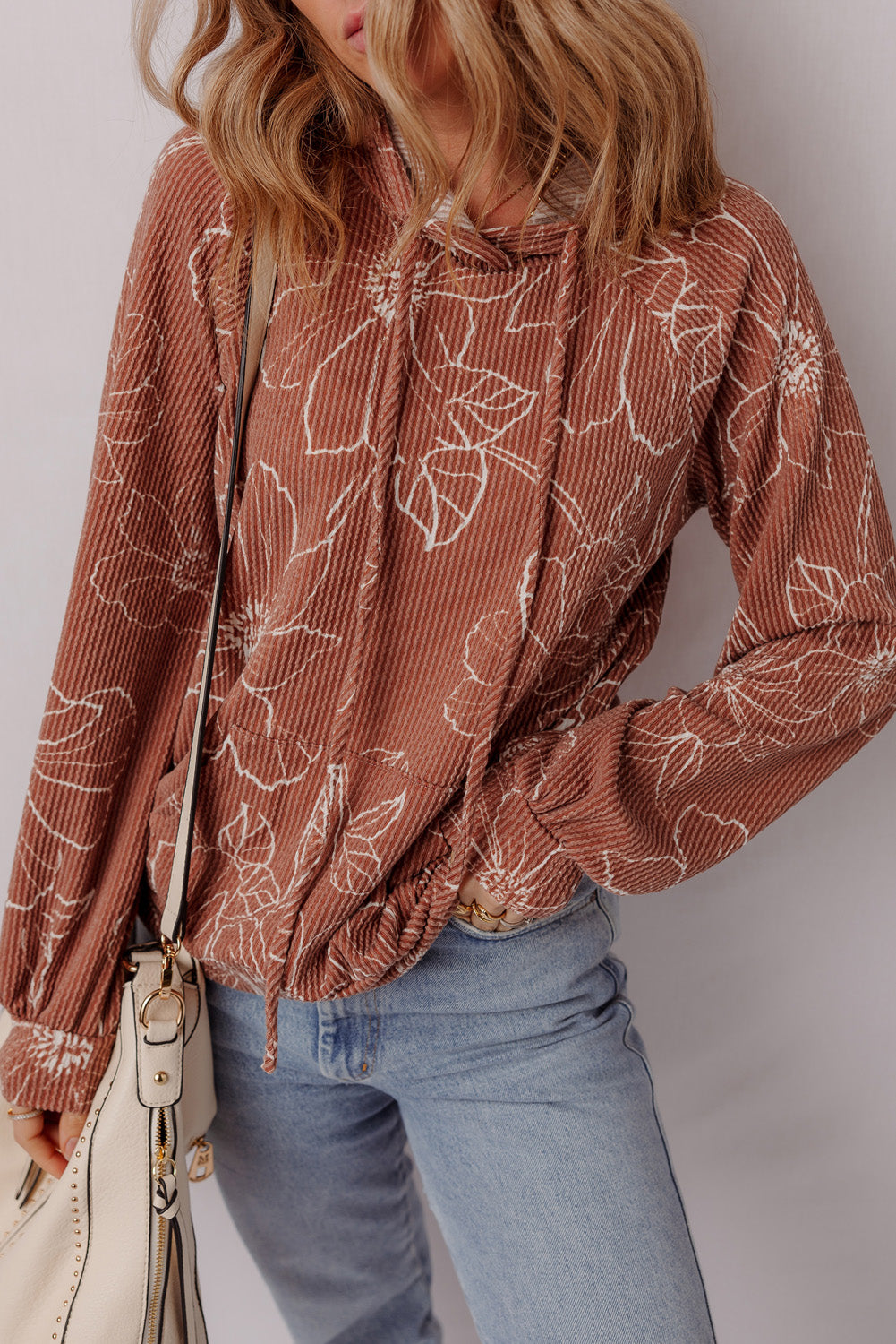 Brown Floral Twisted Rib Drawstring Kangaroo Pocket Hoodie