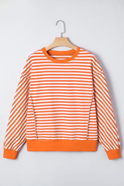 Red Stripe Exposed Seam Drop Shoulder Casual Pullover Top