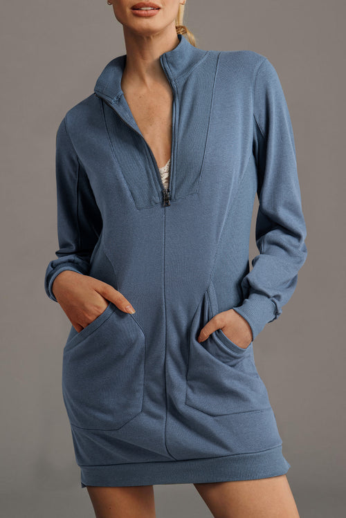 Ivy Zip up Collared Ribbed Patchwork Sweatshirt Dress with Pockets