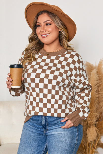 Brown Checkered Contrast Edge Crewneck Plus Size Sweater