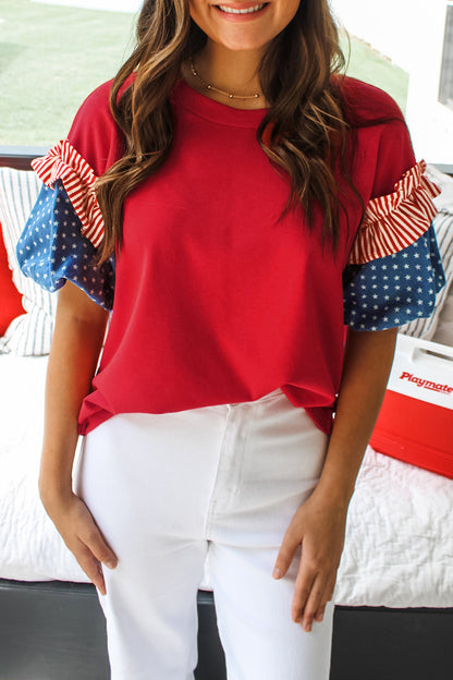 Beau Blue Stars Stripes Short Puff Sleeve Top
