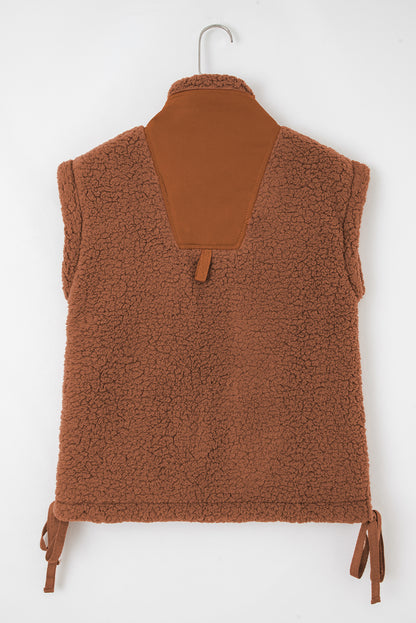 Cinnamon Faux Fur Snap Button Front Knot Side Plush Vest with Pockets