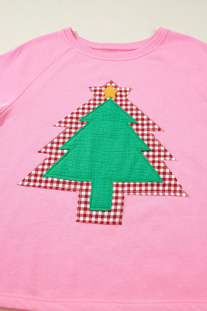 Sachet Pink Plaid Contrasted Double Christmas Tree Patched Raglan Sleeve Pullover 2pcs Short Set