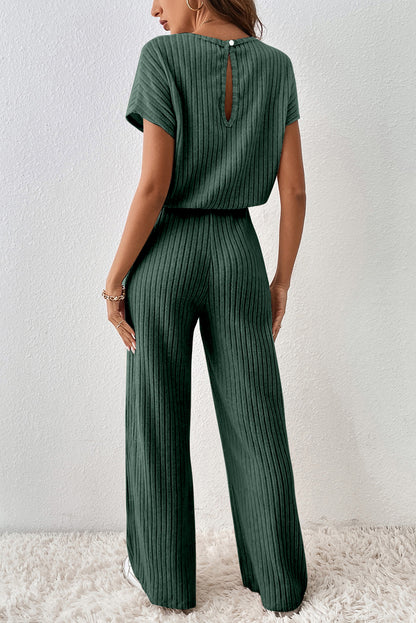 Black Ribbed Keyhole Short Sleeve Wide Leg Jumpsuit