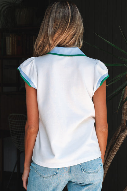 Beau Blue Color Contrast Ruffled Sleeve Collared V Neck Blouse