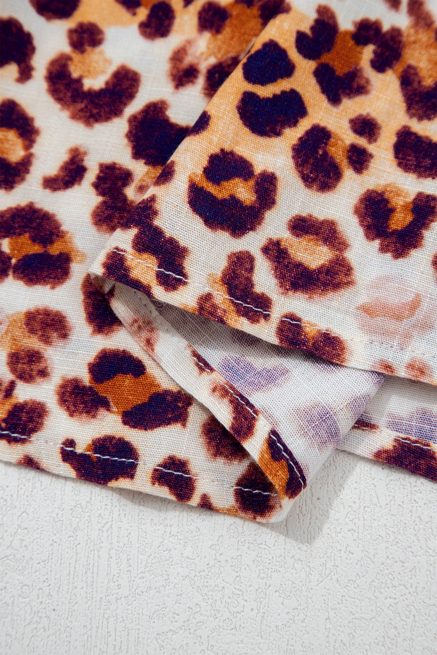 Brown Plus Size Leopard Frilled Stand Neck Blouse