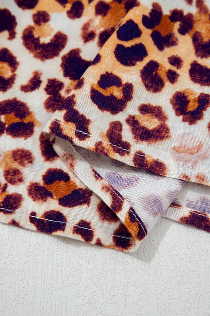 Brown Plus Size Leopard Frilled Stand Neck Blouse