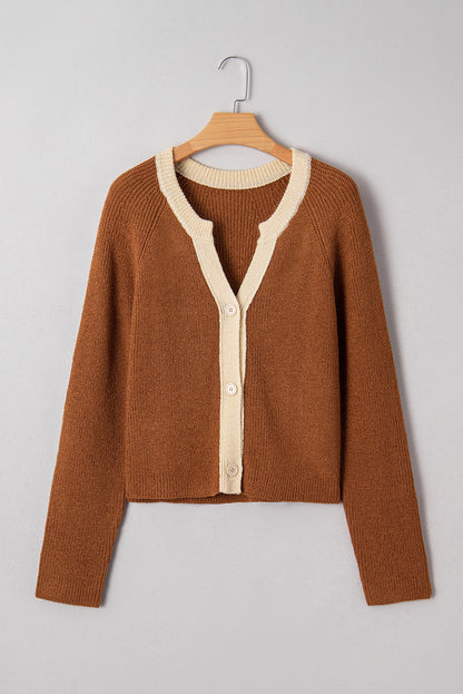 Chestnut Contrast Knit V Neckline Short Cardigan
