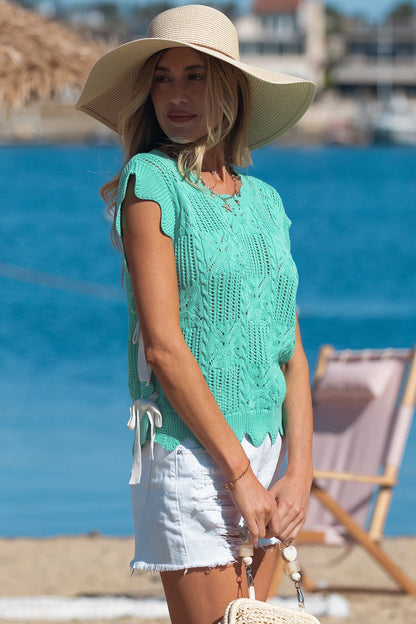 Mint Green Pointelle Knit Patterned Scalloped Trim Short Sleeve Sweater