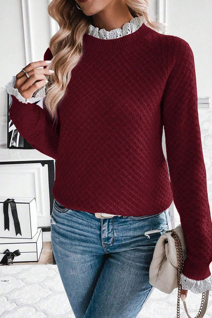 Burgundy Contrast Lace Frilled Trim Raglan Sleeve Sweater