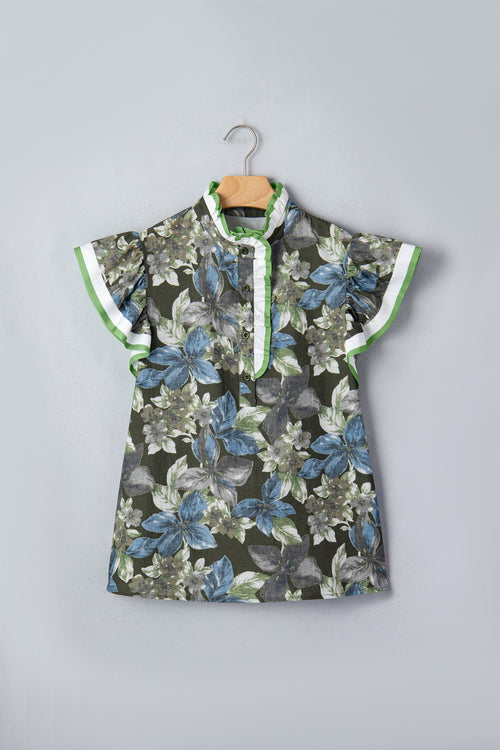 Green Ruffled Short Sleeve Floral Summer Blouse
