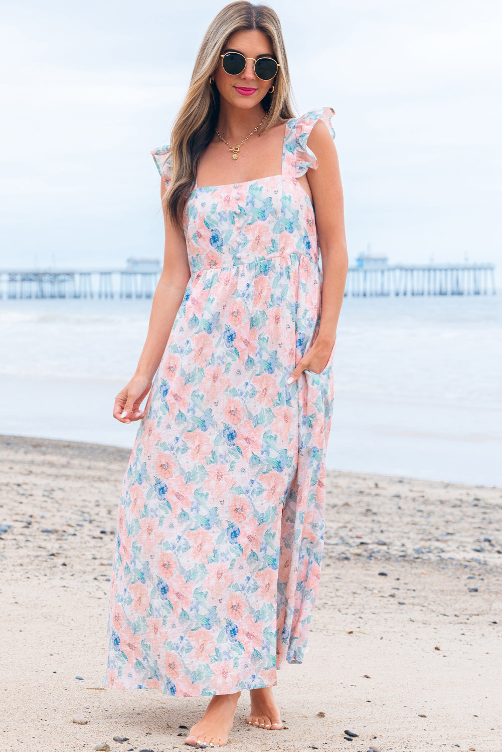 Pink Floral Print Square Neck Backless Long Dress with Slit
