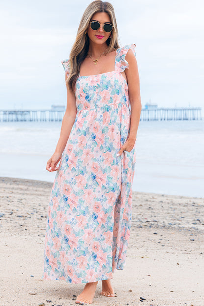 Pink Floral Print Square Neck Backless Long Dress with Slit