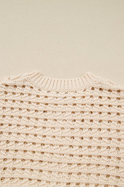 Beige Hollowed Pattern Knit Zip Up Drop Shoulder Sweater Cardigan