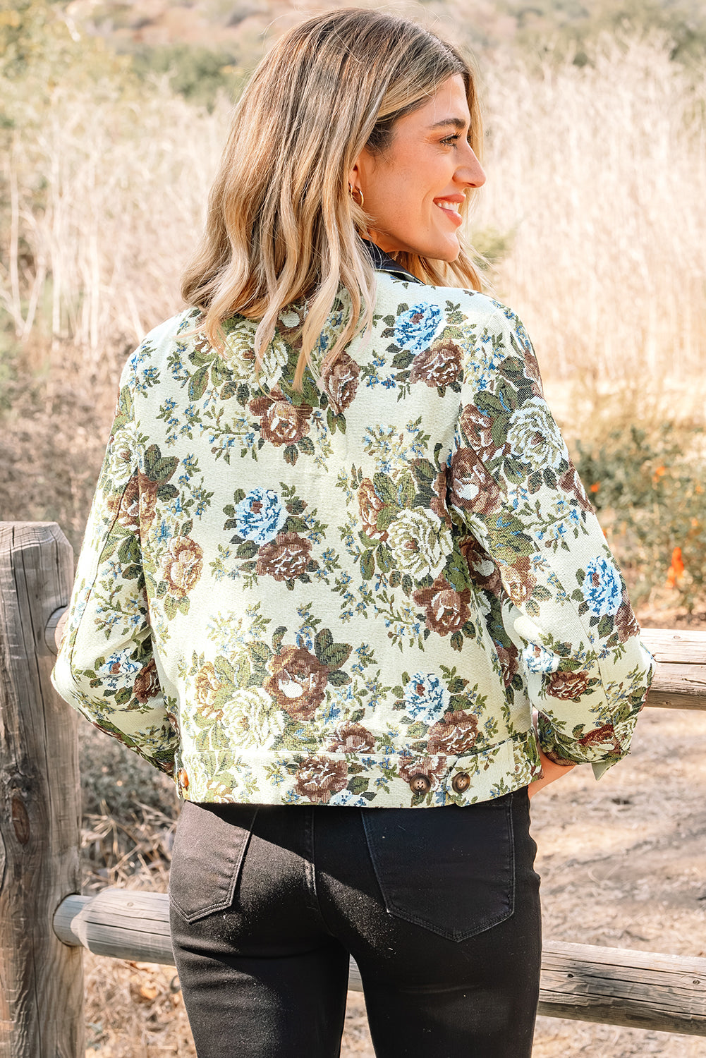 Khaki Floral Print Zip Up Contrast Collared Jacket