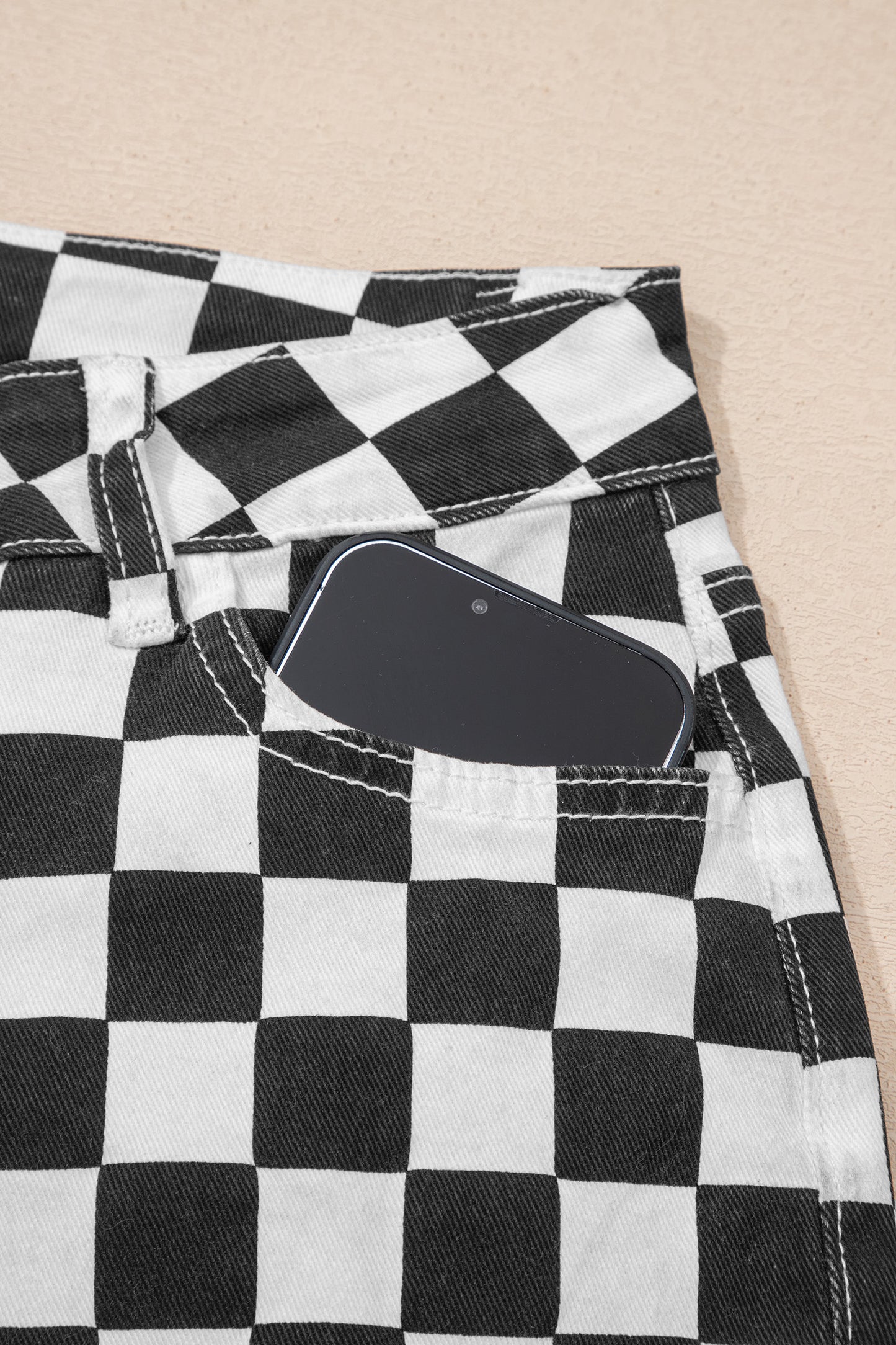 Black Checkerboard Print Distressed Holes Raw Edge Cropped Jeans
