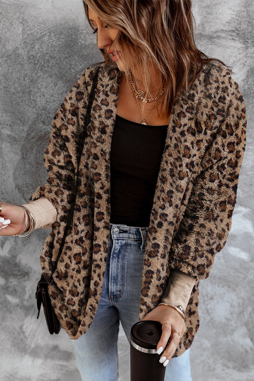 Leopard Soft Fleece Hooded Open Front Jacket
