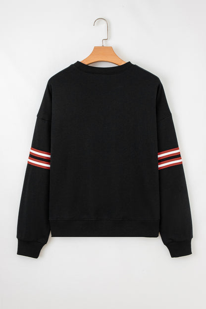Black Varsity Baseball Bow Graphic Striped Sleeve Baggy Sweatshirt