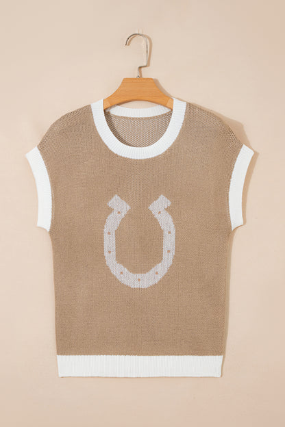 Goat Horse Shoe Pattern Contrast Trim Short Sleeve Sweater