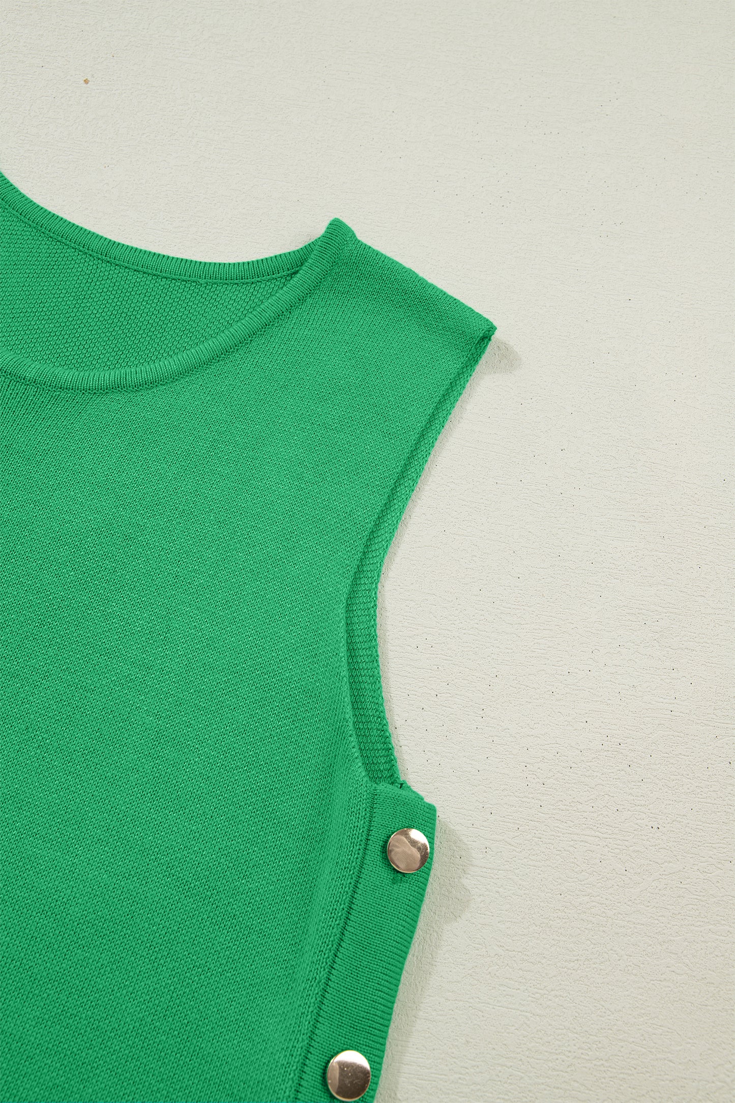 Bright Green Side Button Round Neck Knit Sleeveless Sweater