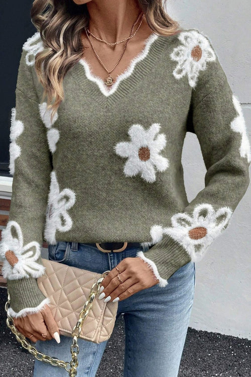 Seagrass Plush Flower Pattern Scalloped Trim V Neck Sweater