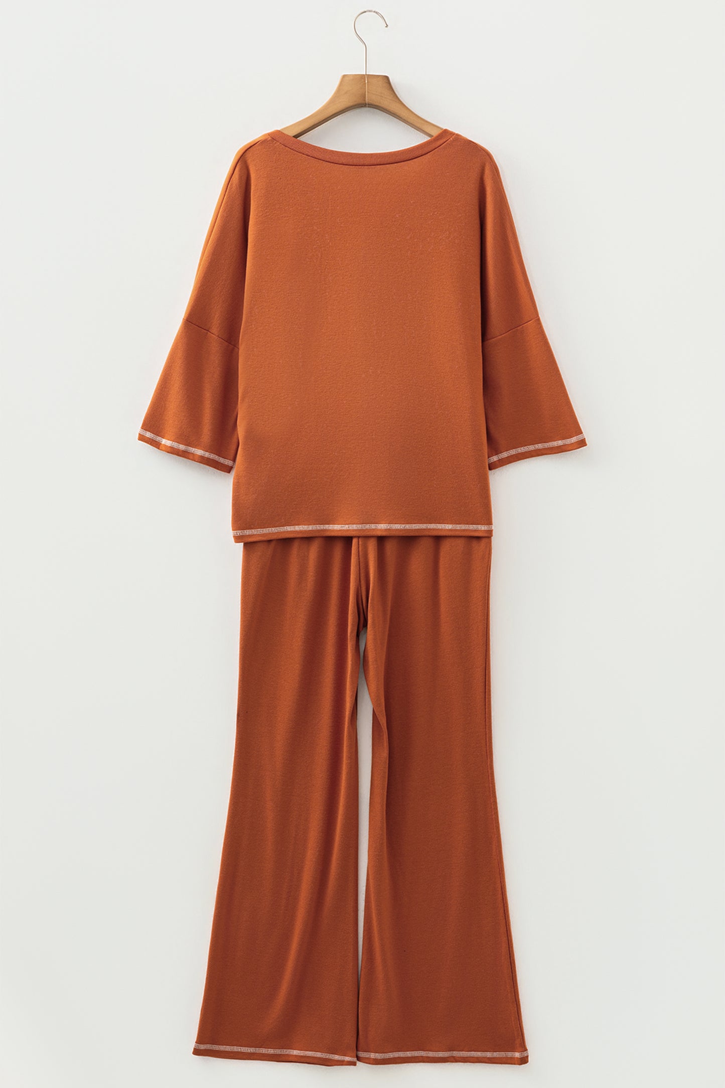 Grapefruit Orange Contrast Stitching Buttoned V Neck Half Sleeve Top and Drawstring Flare Pants Set