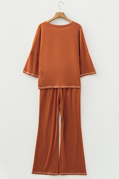 Grapefruit Orange Contrast Stitching Buttoned V Neck Half Sleeve Top and Drawstring Flare Pants Set