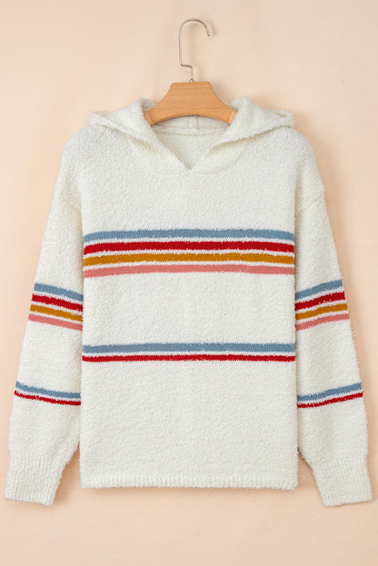 White Multicolored Striped Accent Hooded Popcorn Sweater