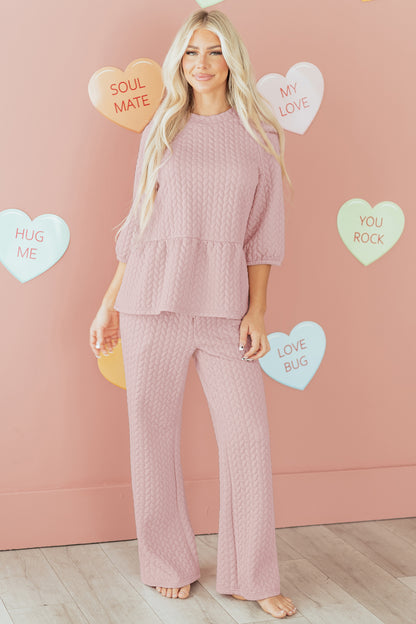 Delicacy Braided Texture Ruffle Hem Top Drawstring Loose Pants Set