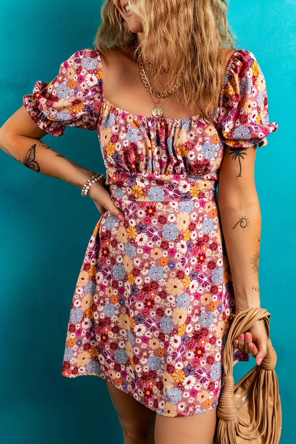 Red Floral Puff Sleeve Square Neck Knot Open Back Mini Dress