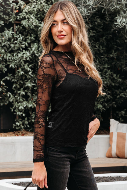 Black Lace Crochet Mesh Patched Slim Fit Long Sleeve Top