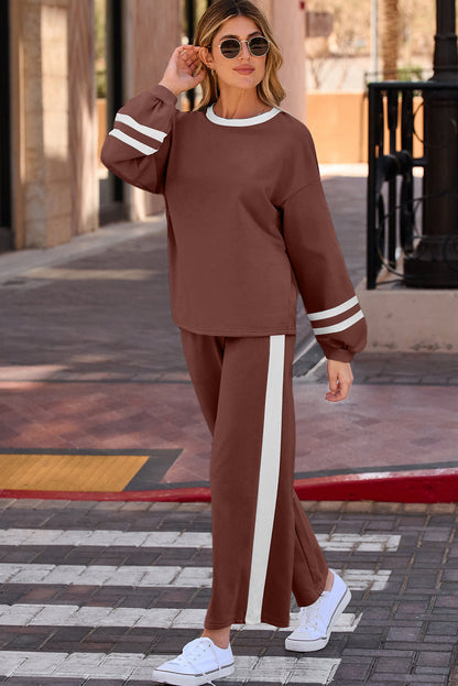 Chestnut Varsity Stripe Patchwork Puff Sleeve Pullover Drawstring Wide Leg Pant Set