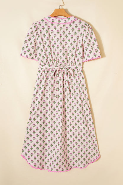 Pink Floral Print V Neck Scallop Trim Button Front Short Sleeve Long Dress