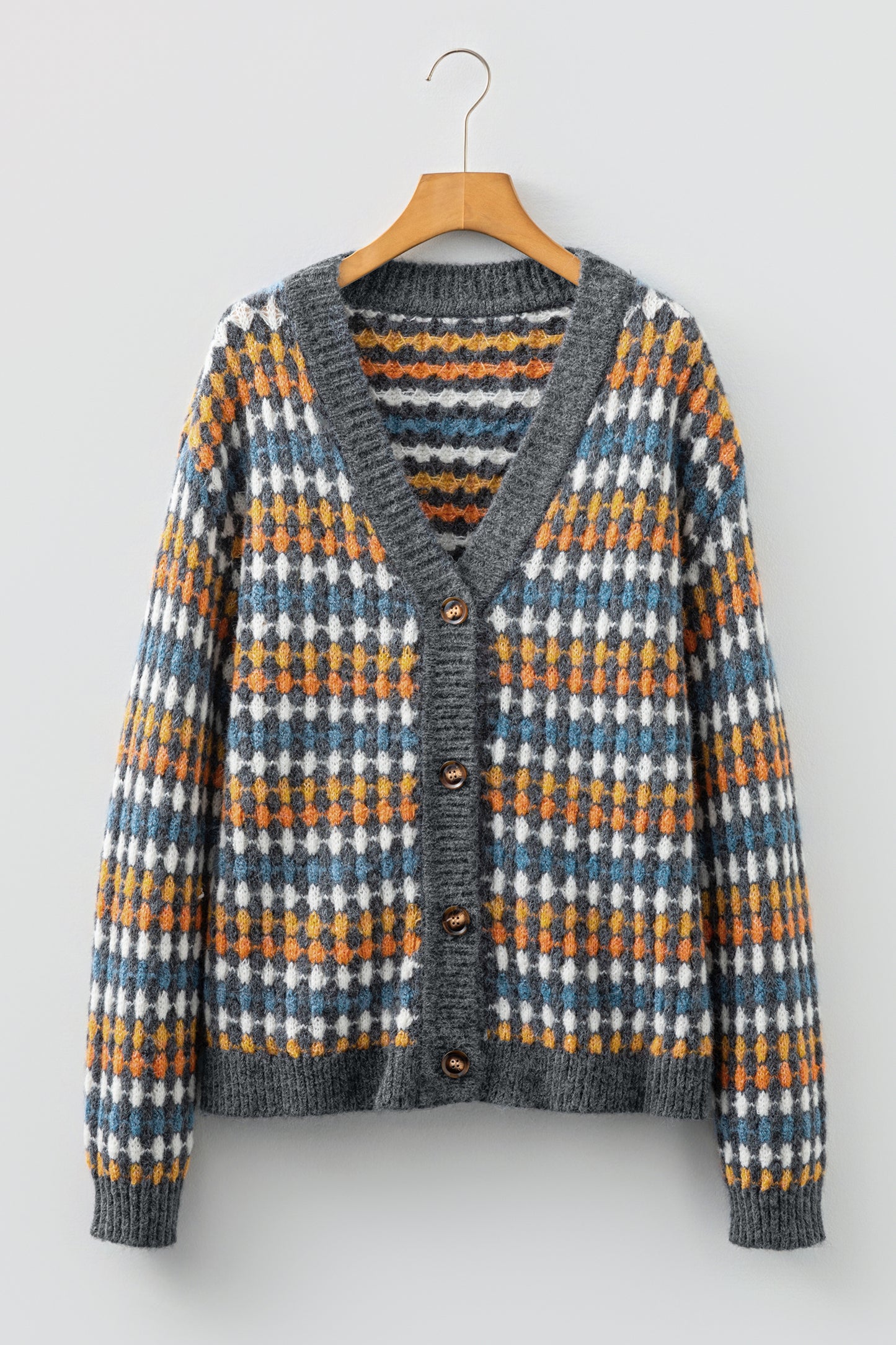 Multicolour Dotty Pattern Knit Button Front V Neck Sweater Cardigan