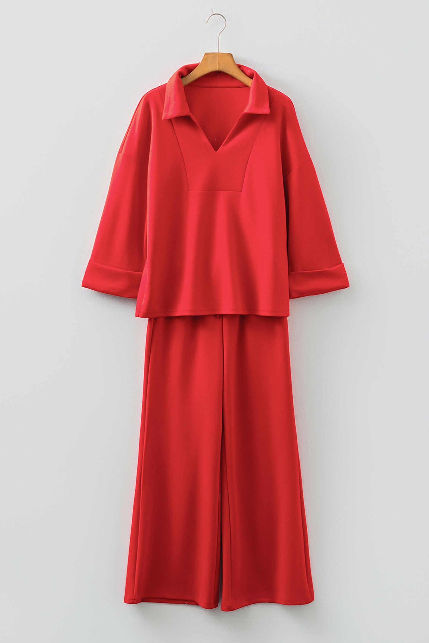 Fiery Red Polo Collar V Neck 3/4 Sleeve Pullover Drawstring Bell Bottom Pants 2pcs Set