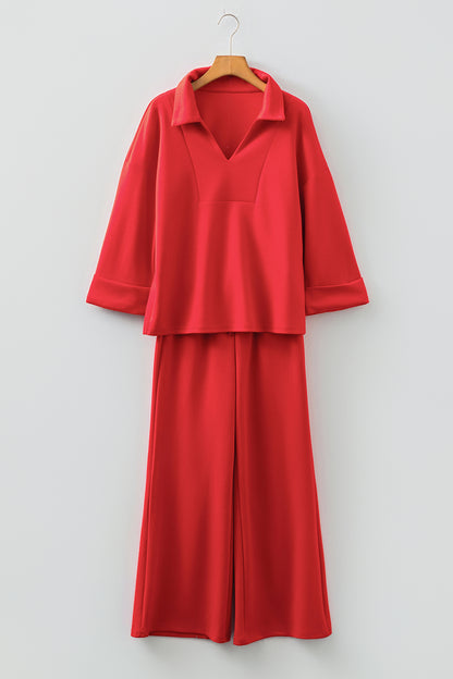 Fiery Red Polo Collar V Neck 3/4 Sleeve Pullover Drawstring Bell Bottom Pants 2pcs Set