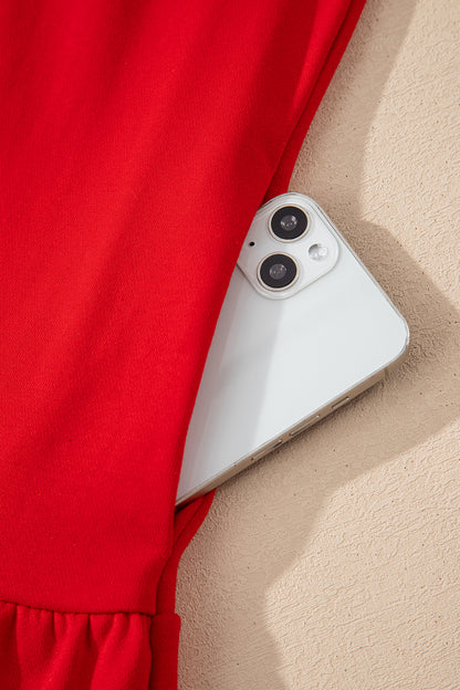 Fiery Red Contrast Striped Collar Patchwork Puff Sleeve Ruffle Hem Mini Dress