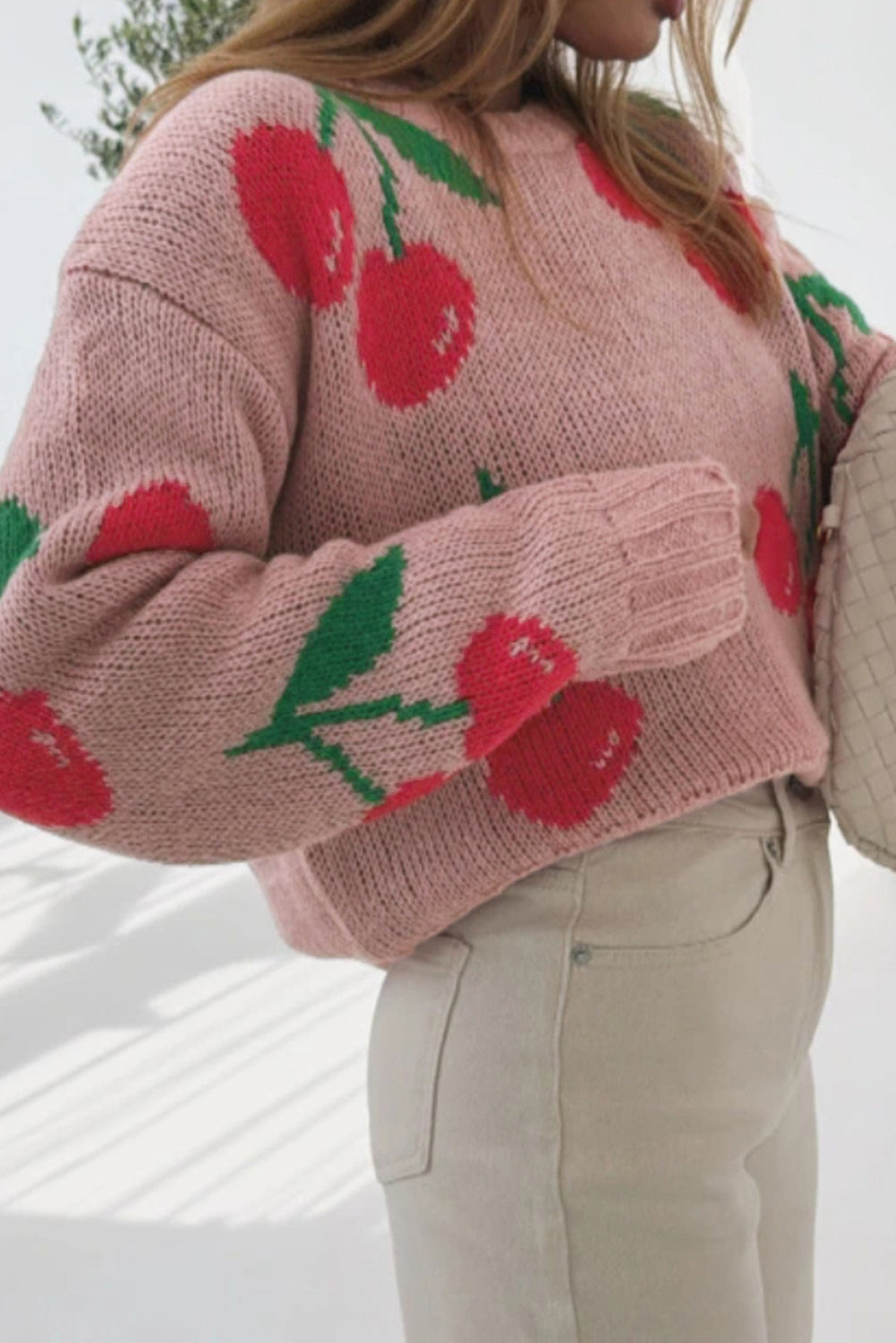Pink Dainty Cherry Print Loose Cropped Sweater