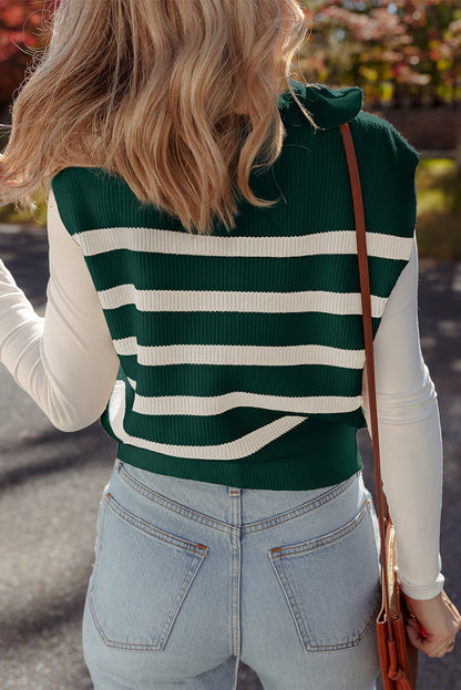 Blackish Green Ribbed Half Zip Collared Sweater Vest