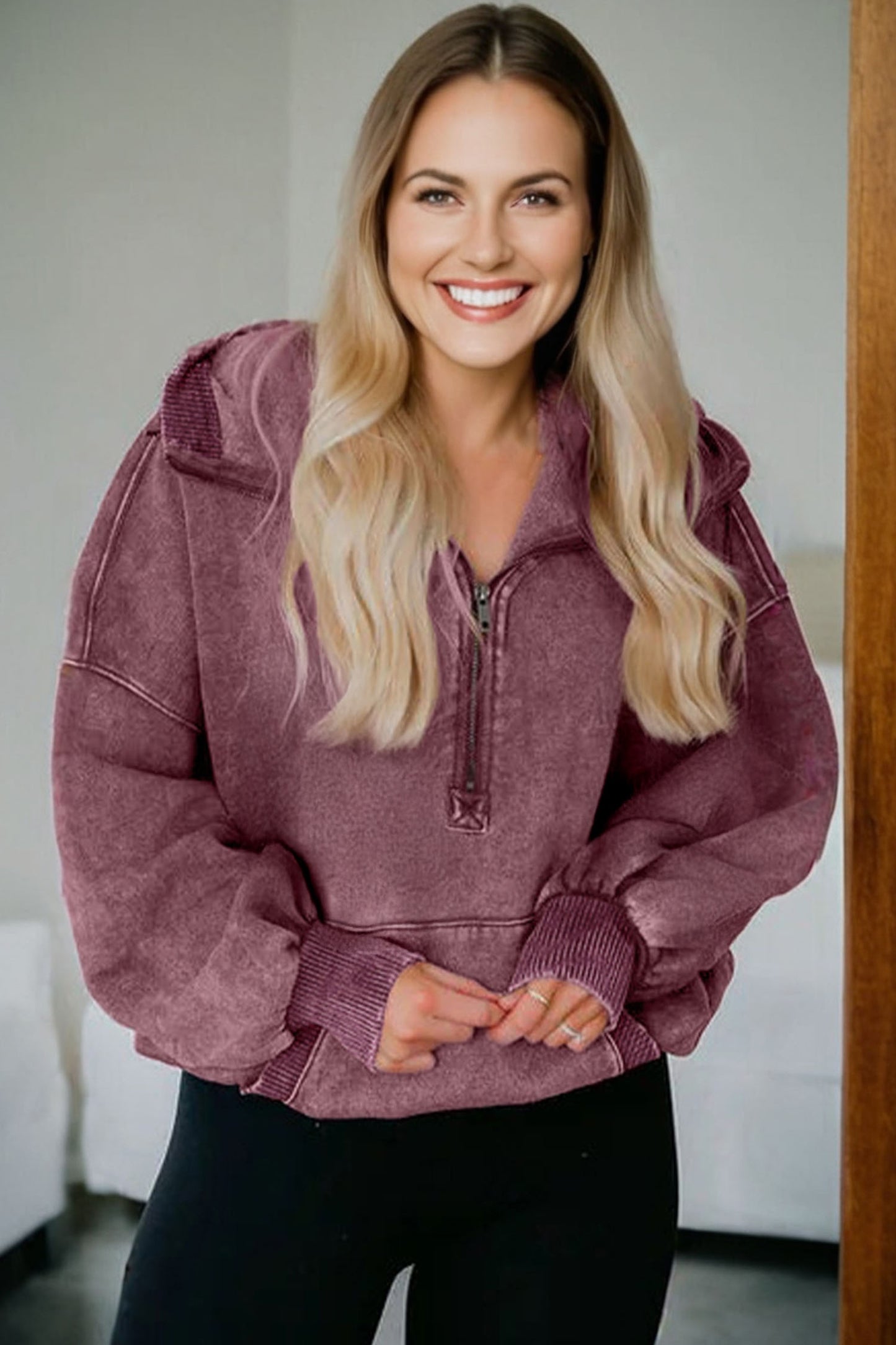 Wild Ginger Half Zip Kangaroo Pocket Mineral Wash Baggy Hoodie