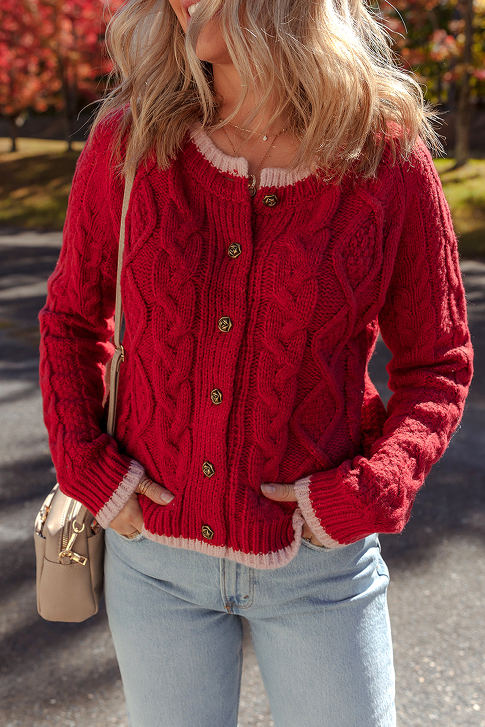 Racing Red Color Contrast Edge Cable Knit Buttoned Cardigan