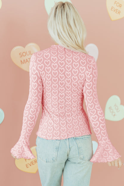 Gossamer Pink Heart Jacquard Flare Sleeve Mock Neck Fitted Top